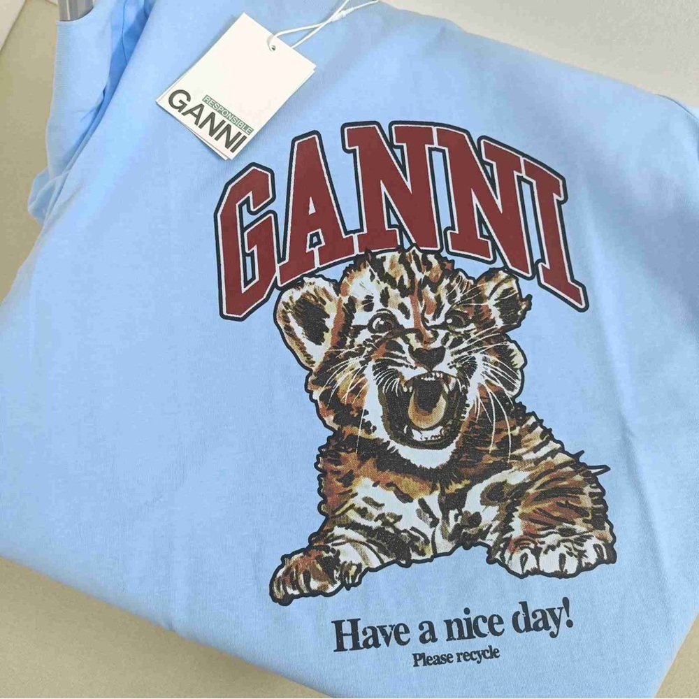 Ganni Light Blue Tee with Maroon Logo Cheetah graphic T-shirt - Have a Nice Day - Picture 2 of 6